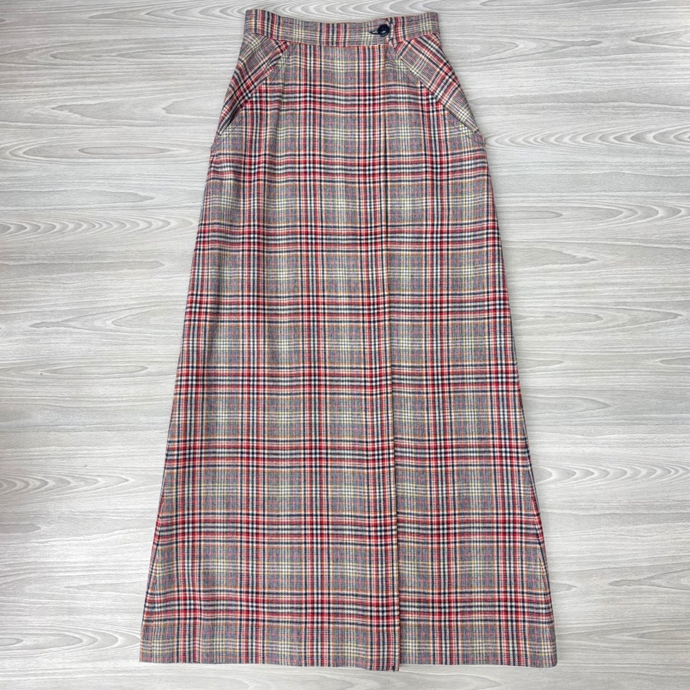 Vtg Pendleton Wool Maxi Skirt 25" Waist Red Navy Plaid High Waist‎ Pockets NWT
